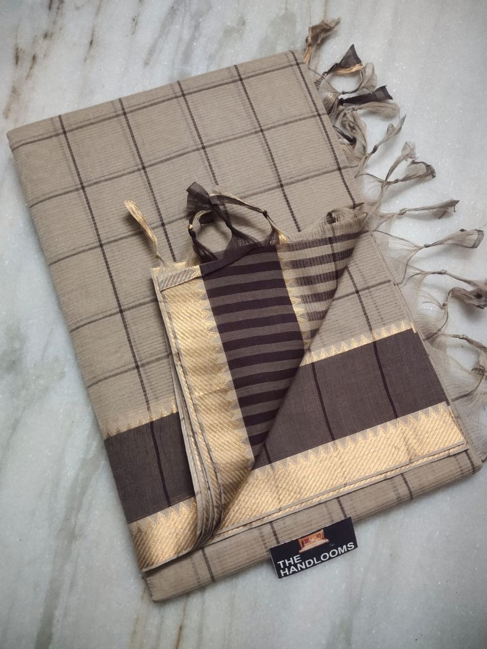Taupe Beige Mangalagiri Pure Handloom Cotton Saree with Gold Zari Border
